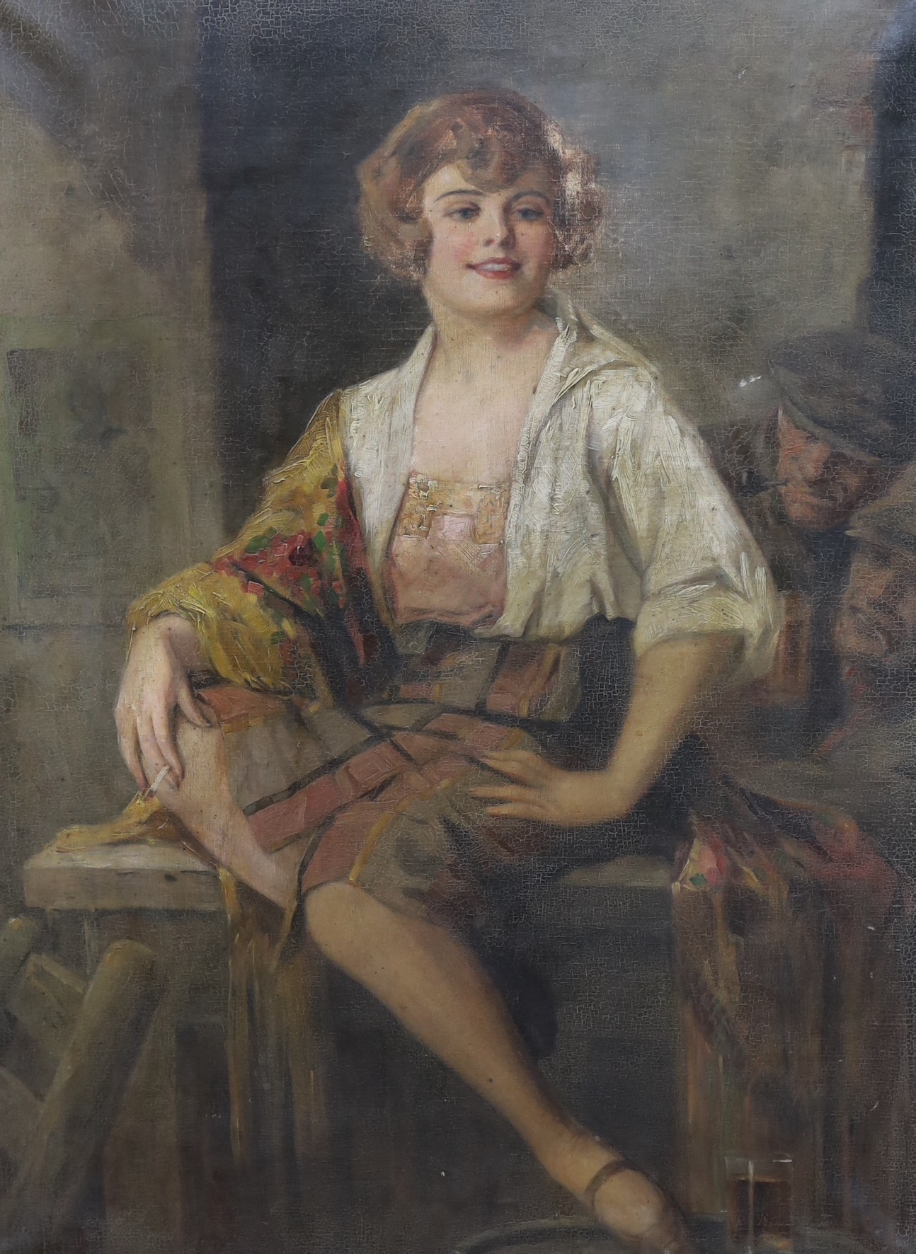 Richard Gieger (Austrian 1870-1945), oil on canvas, Seated beauty smoking a cigarette with onlooking admirers, indistinctly signed, 98 x 72cm